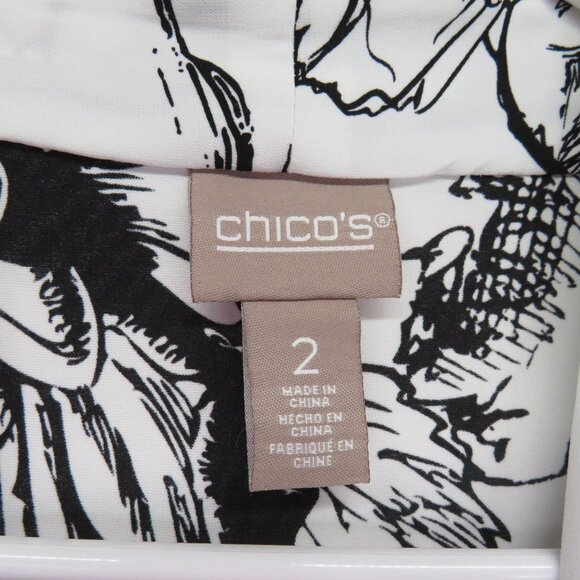 Chicos Shirt Womens Size Large Floral Print White Black Blouse Faux Cardigan - Picture 6 of 12